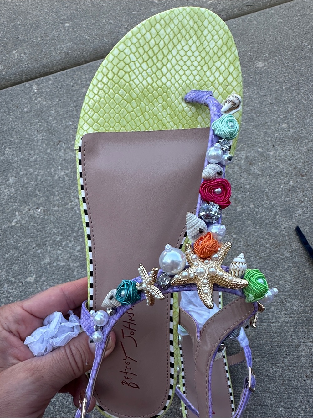 Betsey Johnson Lime Green Embellished T-Strap Sandals - Picture 2 of 4